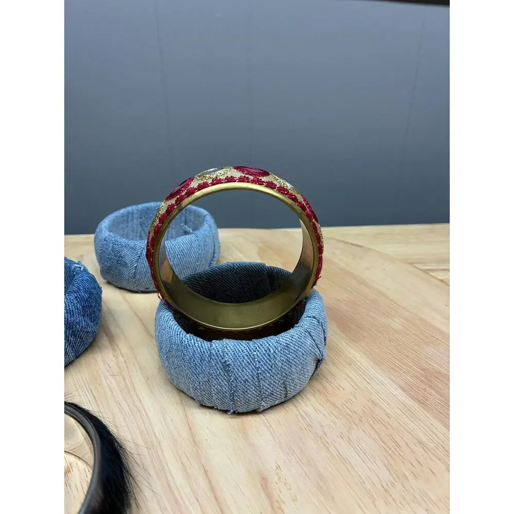 Upcycled Bangle Bracelet Set – Denim Wrapped, Embroidered, and Faux Fur